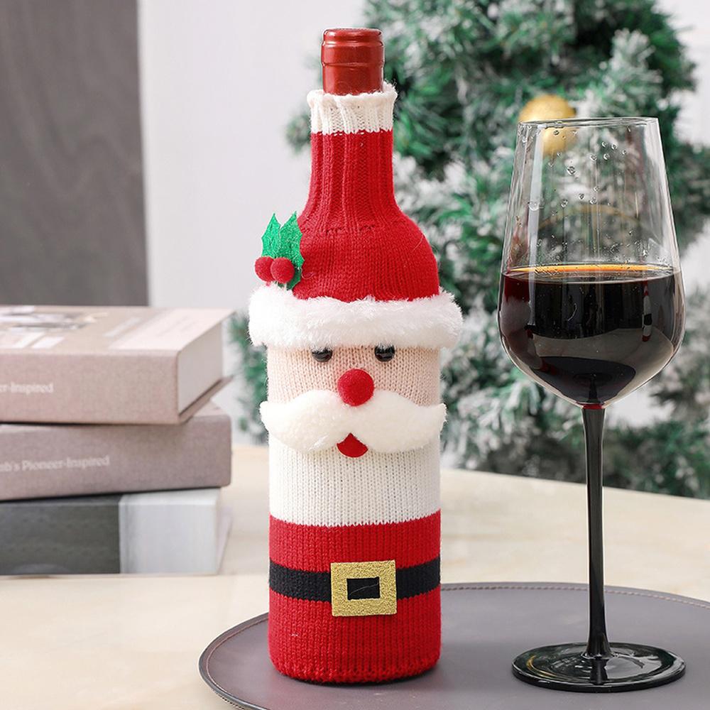 Christmas Cute Wine Bottle Cover Cartoon Santa Snowman Woven Wine Bottle Bags for Christmas Party Dinner Table Decorations