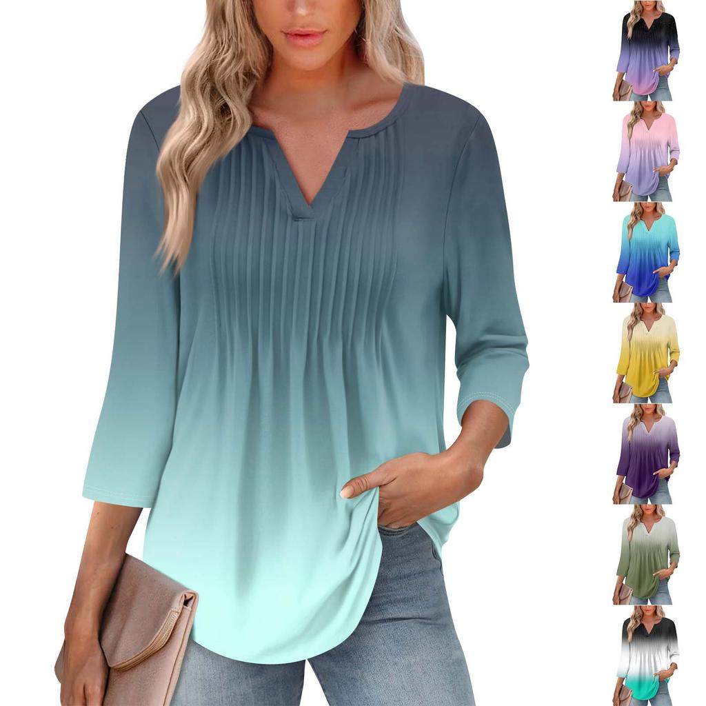 Women's Fashionable Casual Pleated V Neck Solid Color Seven Quarter Sleeve T-shirt Top