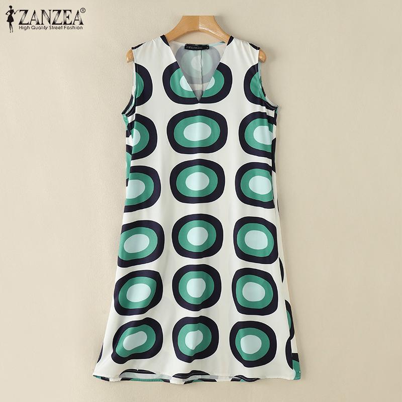 ZANZEA Женское повседневное летнее платье с V-образным вырезом без рукавов с принтом