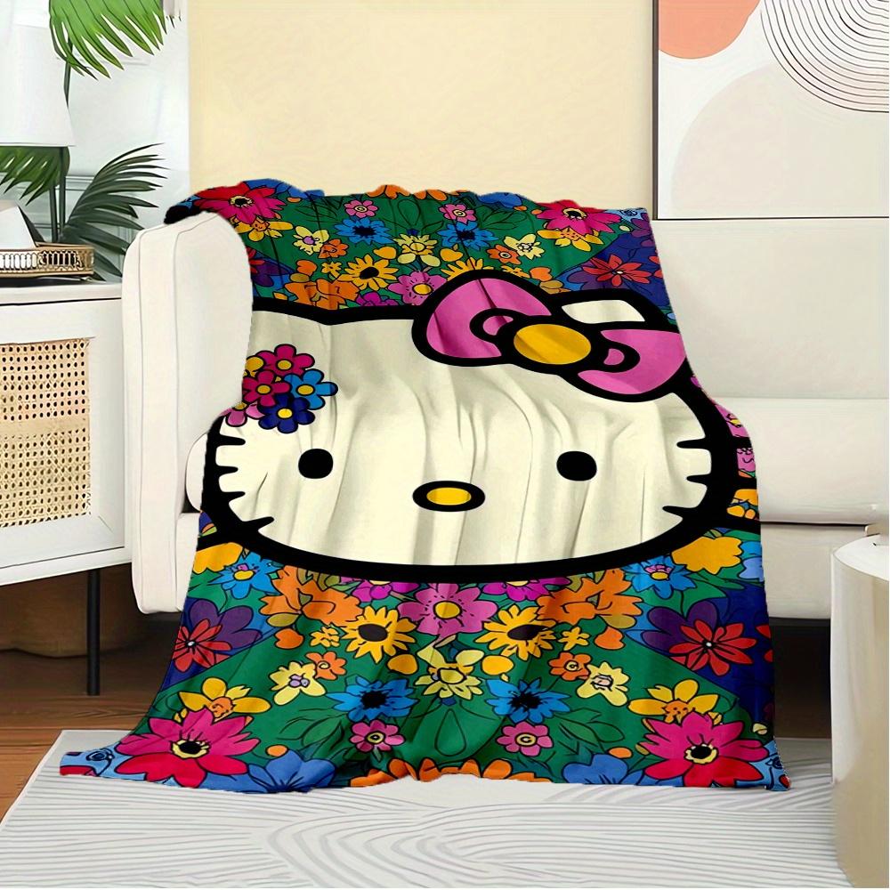 For Hello Kitty, Floral Pattern, Cartoon CharacterAnime-Themed Flannel Blanket, Glam Style, Digital Print, All-Season Comfort, Tear-Resistan