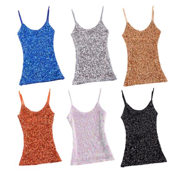 Женский летний жилет, топ с блестящими пайетками, без рукавов, регулируемый ремень-спагетти, облегающий мягкий пуловер, эластичный сверкающий топ на бретелях для выступлений на сцене