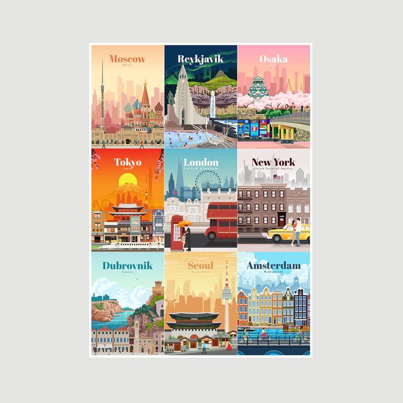 White Paper Cartoon City Landscape Poster Mural London Paris Travel Cities Prints Bedroom Decoration Painting Funny Abstract Wall Art Decor