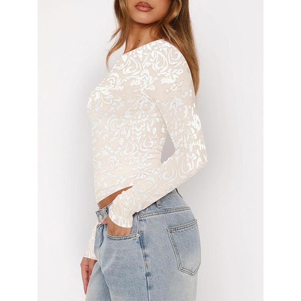 Long Sleeve Shirts for Women Round Neck Floral Tops Slim Fit Casual Fall Work Blouses Going Out Outfits