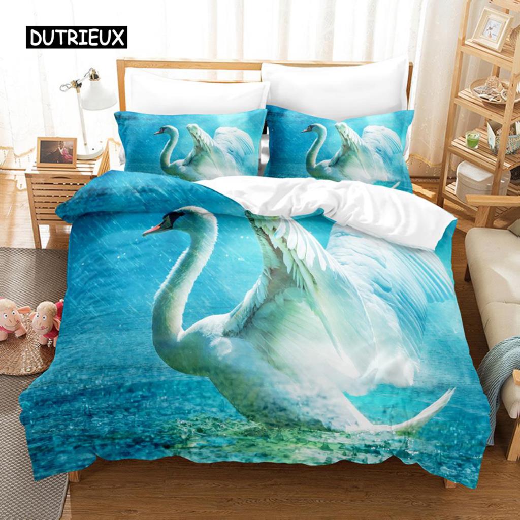 Пододеяльник с изображением лебедя, комплект постельного белья для близнецов, комплект постельного белья из микрофибры, размер Queen King, птицы, романтический стиль, пододеяльник с изображением диких животных для девочки и мальчика