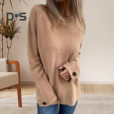 Женская футболка с круглым вырезом и длинным рукавом, реглан, на пуговицах, на манжетах, однотонная, свободная, повседневная, с пуловером, топы, повседневная одежда