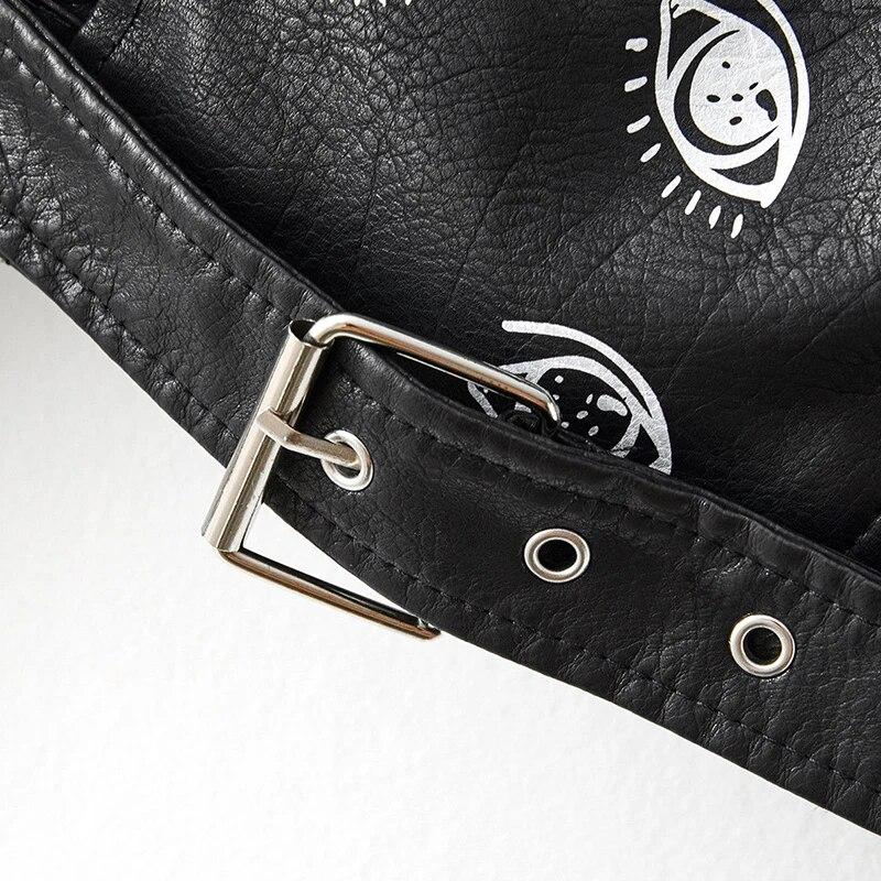 Осень-зима женская куртка из искусственной кожи с принтом граффити женское мотобайк пальто из искусственной кожи Повседневная куртка с заклепками и поясом