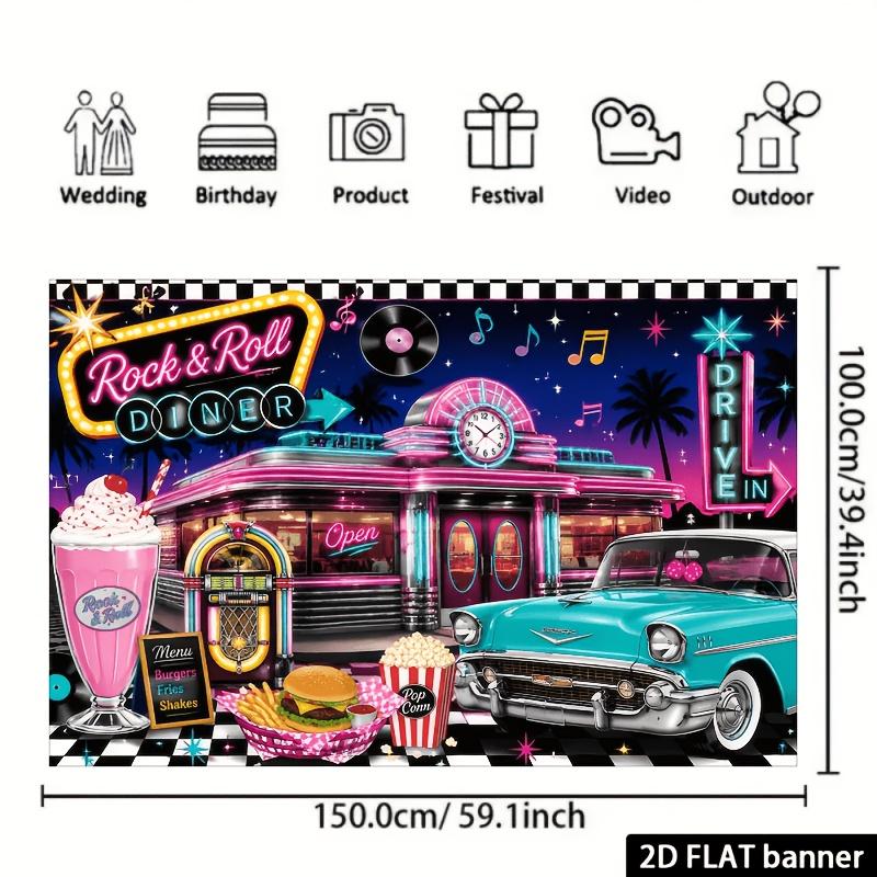Retro 1950s rock-themed restaurant backdrop. Suitable for themed parties. Comes with a retro neon jukebox decoration.