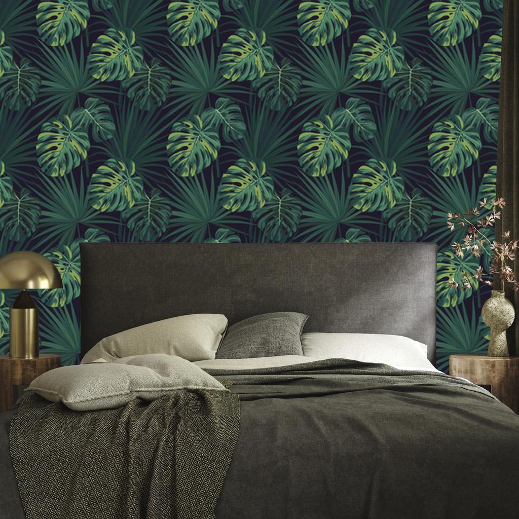 Wallpaper Tropical monstera leaves on a dark background 50x1000