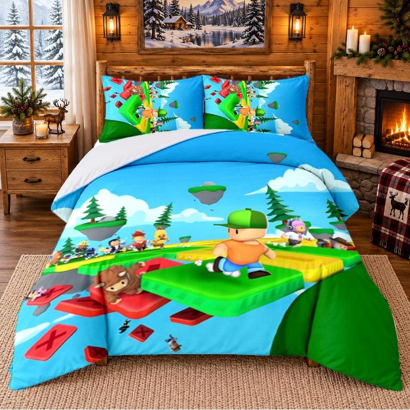 Fall Guys Pattern Bedding 3Pcs Set Bed Sheet And Pillowcases For Indoor Bedroom