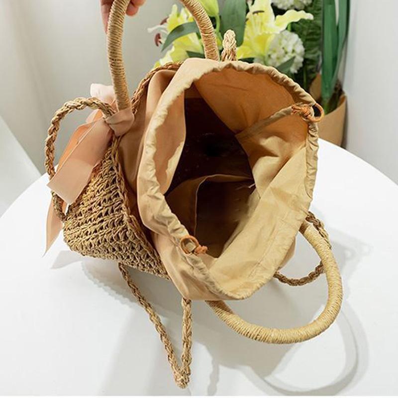 New Arrive Handmade Straw Bags Ribbons Bowknot Beach Knitting Handbags Tote Shoulder Bag