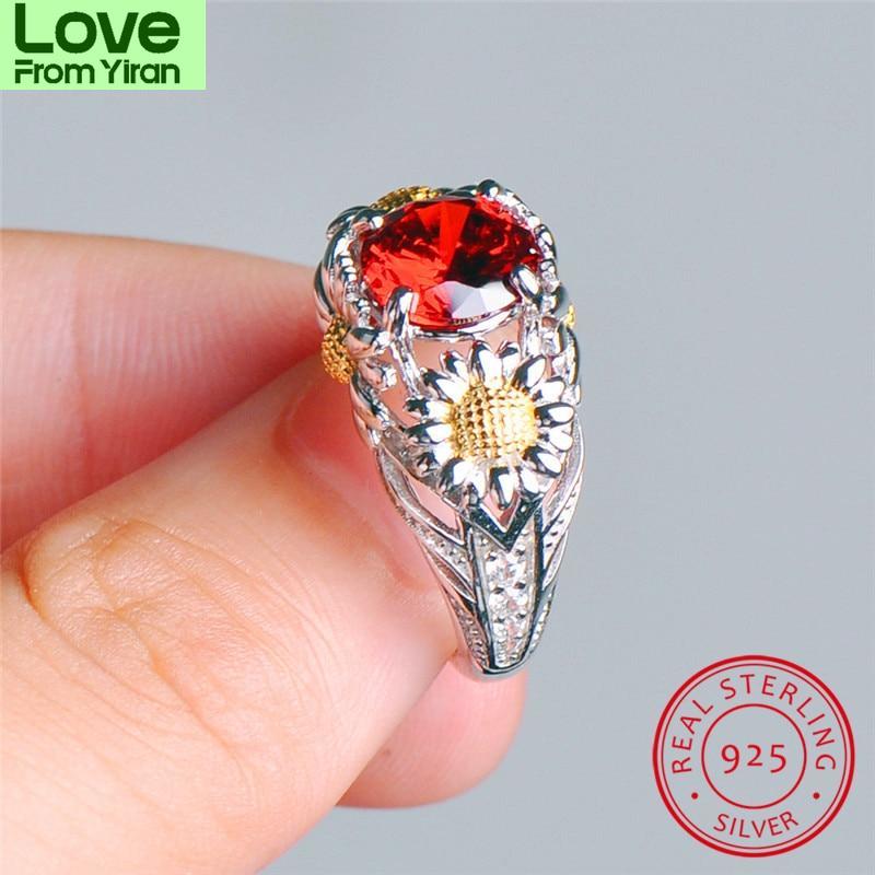 Cute Plant Daisy Ring 925 Sterling Silver Rings For Women White Yellow Topaz Red Ruby Stone Wedding Bands Zircon Engagement Ring