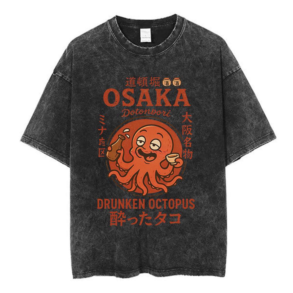 Japanese Octo Beats Osaka Dotonbori Drunken Octopus Funny T Shirts Men Women Vintage Washed Oversized Cotton TShirts Streetwear