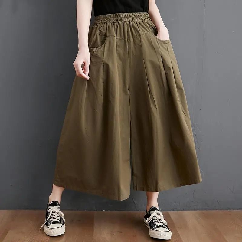 Летние хлопковые широкие брюки женские в винтажном стиле однотонные свободные женские повседневные брюки длиной до щиколотки
