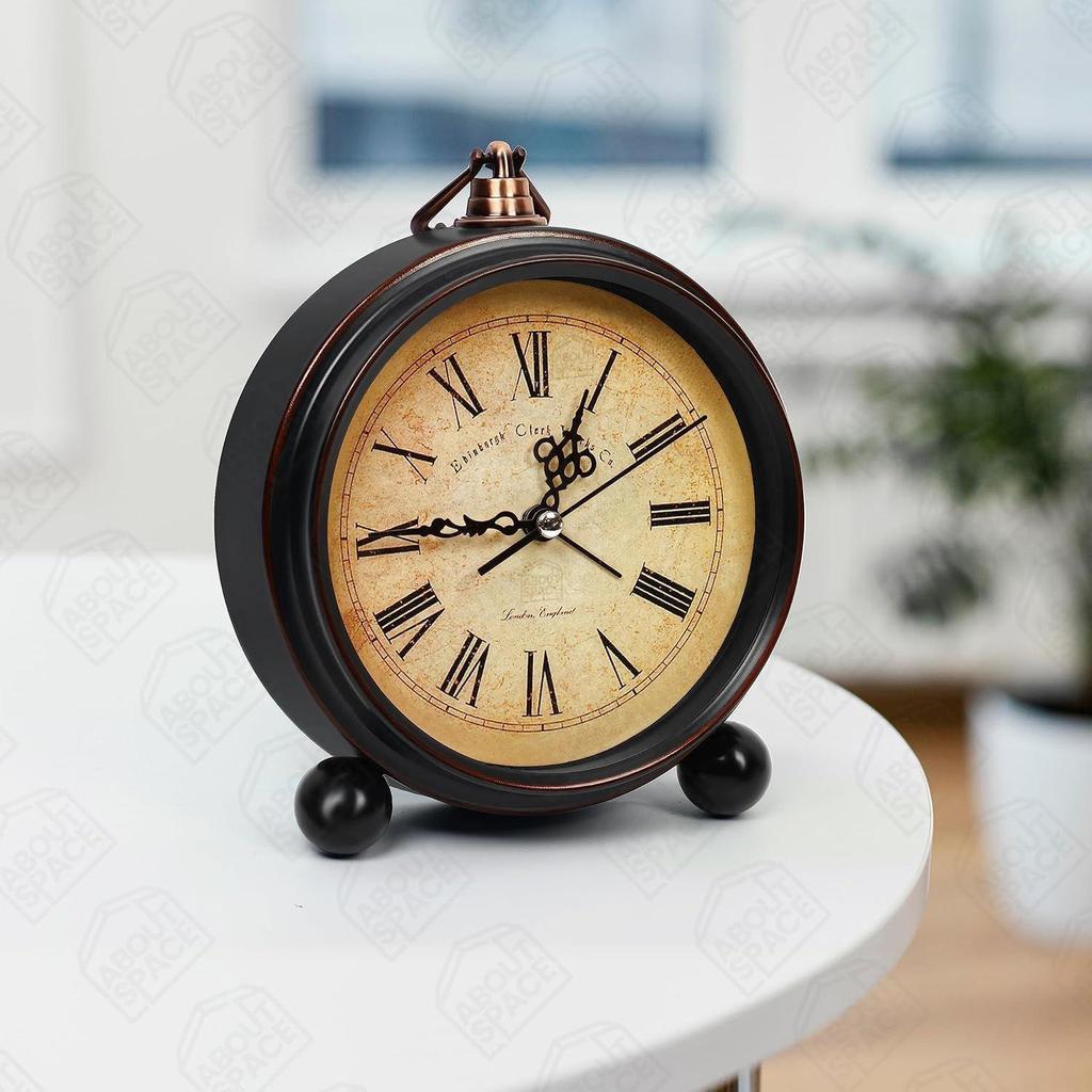 Vintage Alarm Clock Round Silent Analog Table Clock Non-Ticking with Roman Numerals, Hanging Hook - Battery Powered for Home Office Students