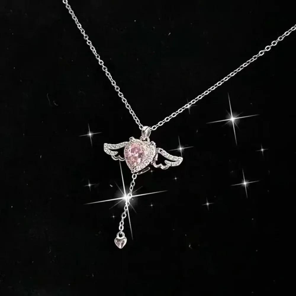 Trendy Cupid Angel Wings Heart Pendant Necklace for Women Pink Crystal Zircon Choker Stainless steel Jewelry