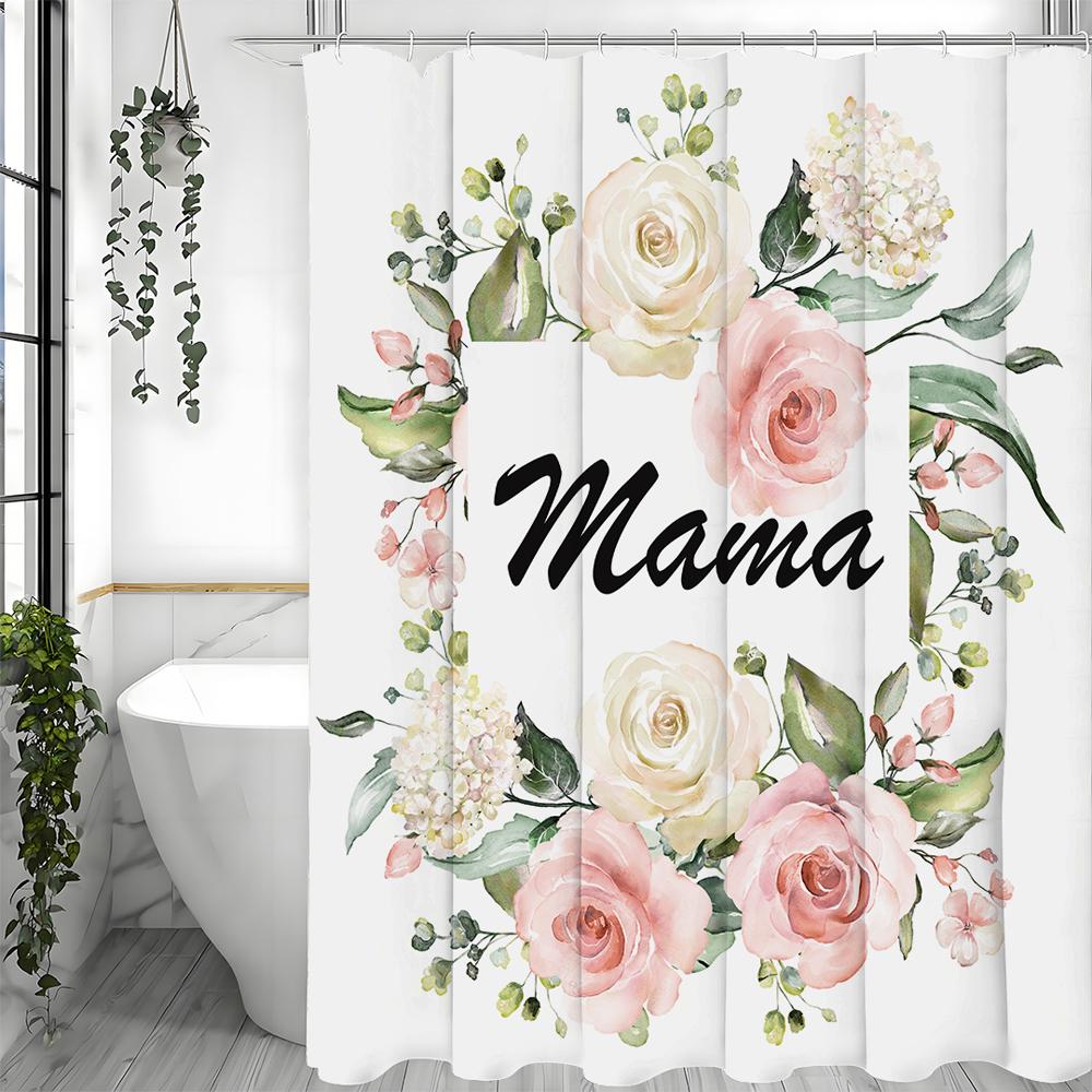 Mother's Day Floral Greeting Card Shower Curtain, Bathroom Decorative Shower Curtain, Waterproof Shower Curtain with Hooks