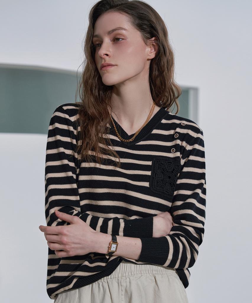 LENIC&MCCOY V-Neck Contrast Embroidered Patch Knit Mn03Kn070Fjy