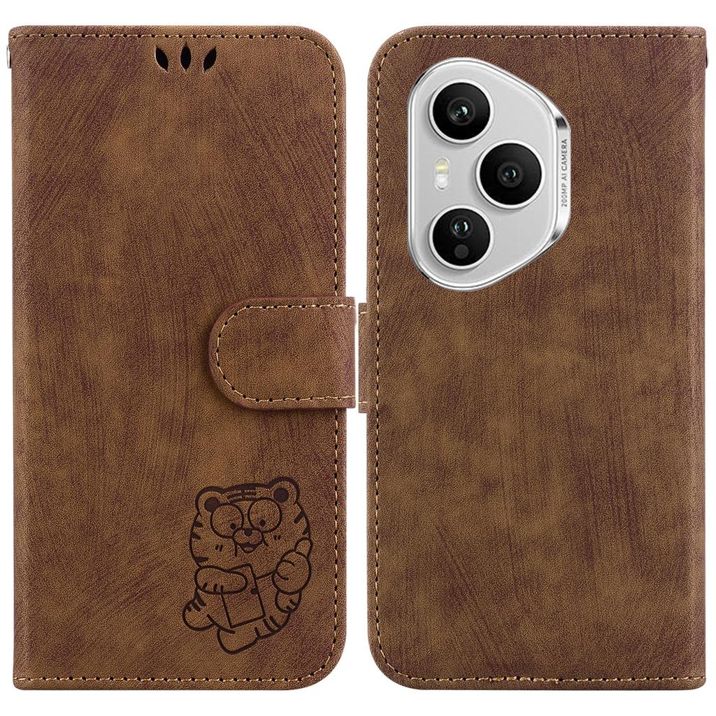For Honor 400 Pro 5G (Global) Wallet Case Tiger Imprint Leather Shockproof Phone Cover with Wrist Strap