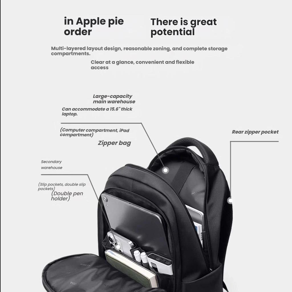 POLO Backpack for Men, Large Capacity Student Schoolbag, 15.6/16 Inch Laptop Bag, Business