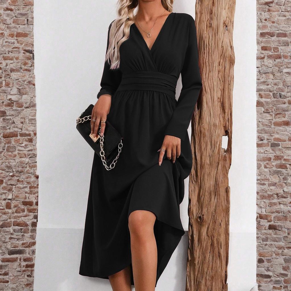 Женское модное однотонное платье с V-образным вырезом, длинными рукавами и плиссировкой