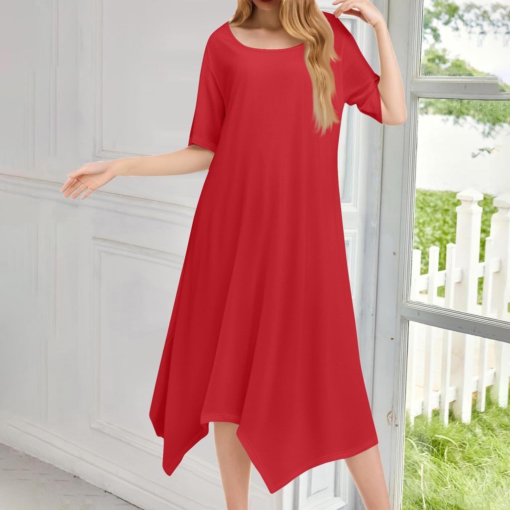 Женское повседневное модное платье миди с круглым вырезом и коротким рукавом, однотонное, с неровным подолом
