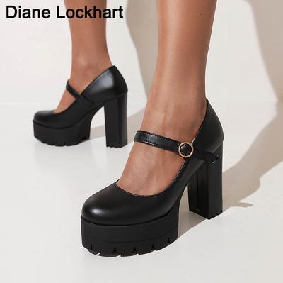 Модные женские туфли-лодочки Мэри-Джейн на платформе для весны и осени, черные, бежевые, на массивном каблуке 10,5 см, с ремешком на щиколотке, для платья, вечеринки, на копытцеобразном каблуке, больших размеров