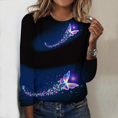 Топы на весну и осень, принт «звезды, бабочки, цветы», круглый вырез, длинный рукав, футболка, осенний повседневный тонкий пуловер, женский топ с длинным рукавом