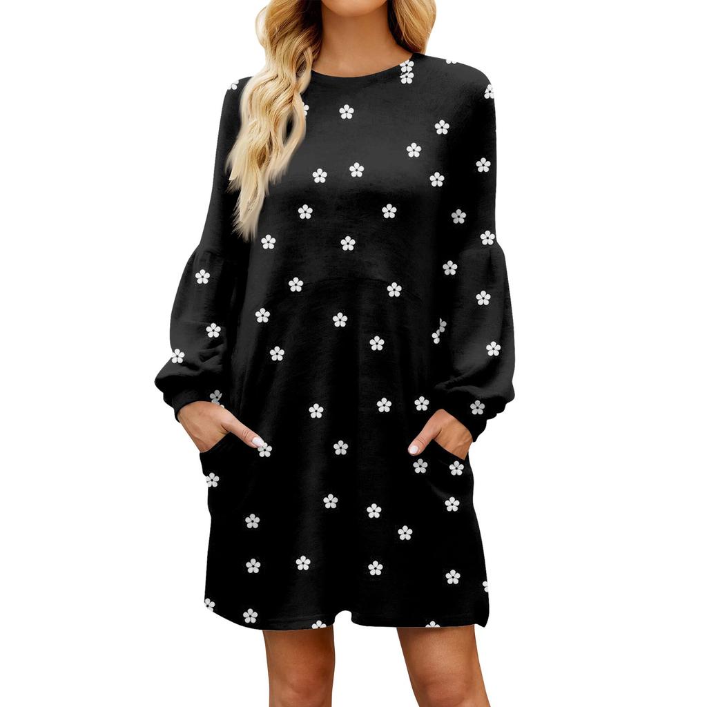 Модное женское осеннее повседневное свободное платье с цветочным принтом и длинным рукавом