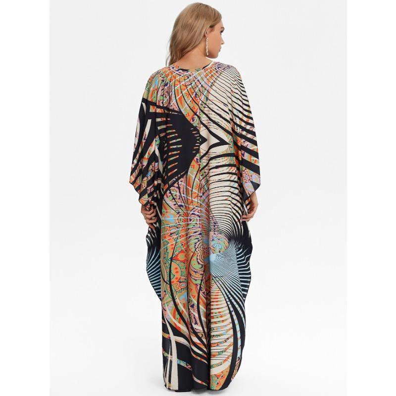 Женская мода лето весна перо принт рукава 3/4 V-образный вырез свободная талия повседневные платья