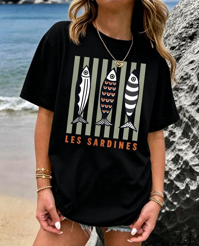 college students  Cotton T-shirt Round Neck Short Sleeved Striped Salted Fish Pattern Printed Summer New T-shirt for Women Women Cloth Unisex,gift,Top
