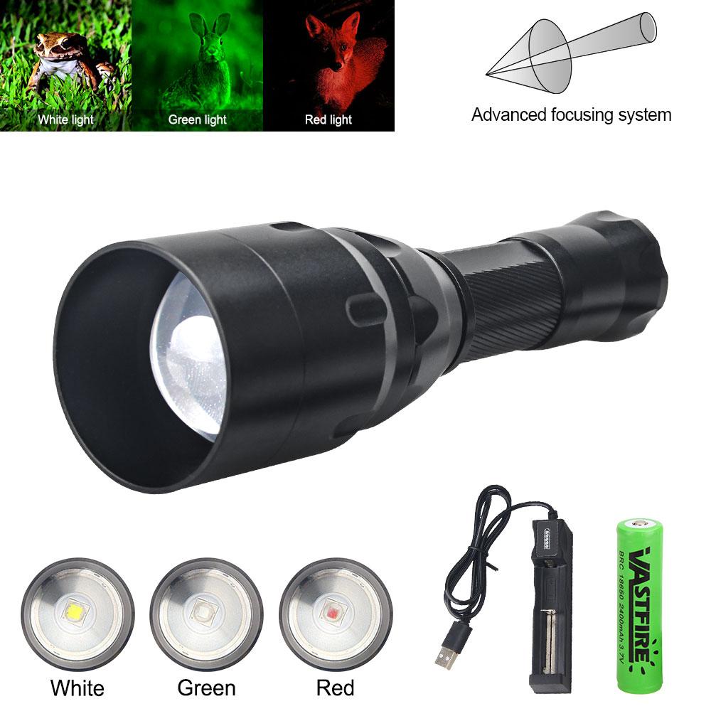 White/XPE Green/Red/IR Flashlight Led Tactical Night Hunting Flashlight Torch Weapon Gun Light+Remote Switch+18650+USB Charger