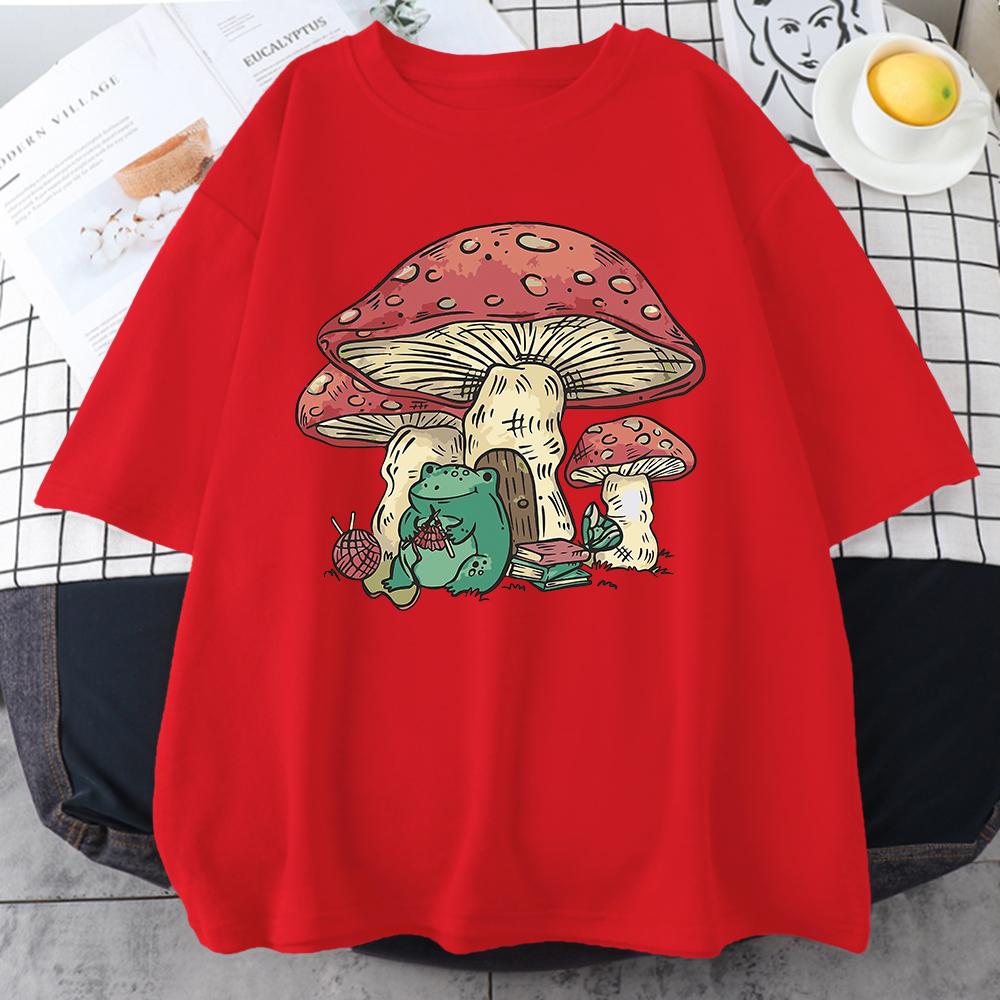 Милые мужские топы с изображением грибного домика и лягушки, винтажная футболка большого размера, одежда, повседневные мужские хлопковые футболки с круглым вырезом