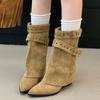 Fashion Punk Belt Buckle Pointed Toe Mid Calf Boots Women Fashion Thick Heel Wide Leg Pants Boots Woman Autumn Winter Pu Leather Botas