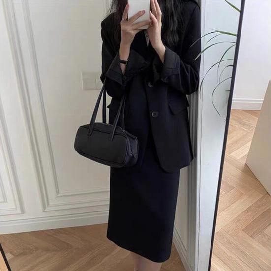 2Pcs/Set Women Suit Set Lapel Long Sleeve Flap Pockets Suit Coat High Waist Midi Skirt Set Solid Color Office Lady Suit Workwear