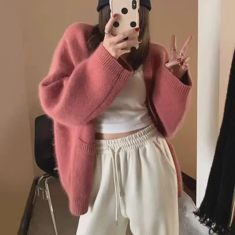 Retro Solid Color Knit Cardigan - Autumn/Winter Loose Fit Korean Sweater Jacket