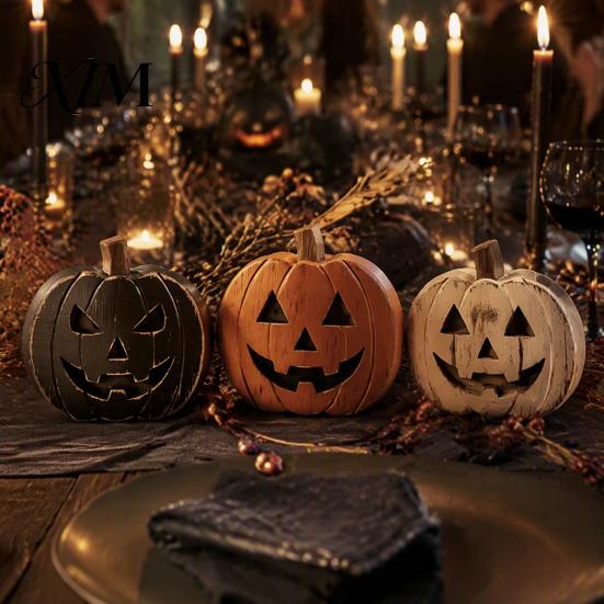 Trick or Treat Decorations 3Pcs Halloween Pumpkin Tabletop Decor, Rustic Face Wooden Block Table Ornaments Ornaments, Farmhouse Desktop Craft for Home