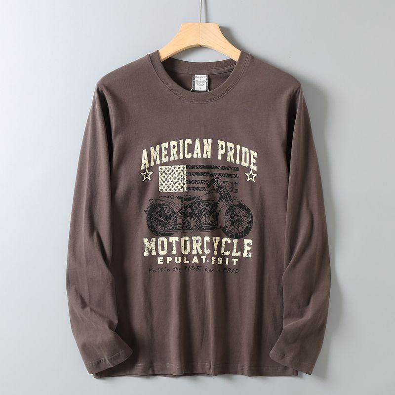 Men's Autumn Base Layer Cotton Brushed Print Motorcycle Retro Trendy Versatile Long-Sleeve T-Shirt