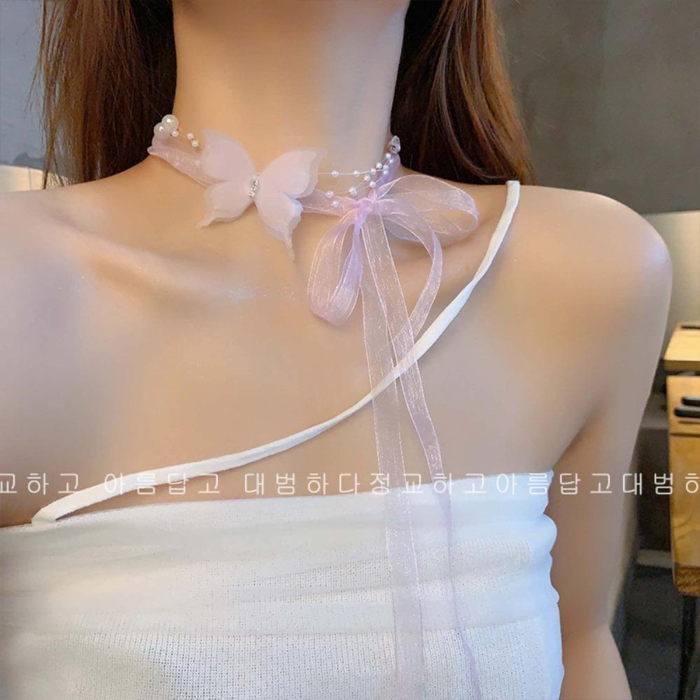 Elegant Butterfly Necklace Temperament Girl Ribbon Choker New Ribbon Butterfly Choker  Women