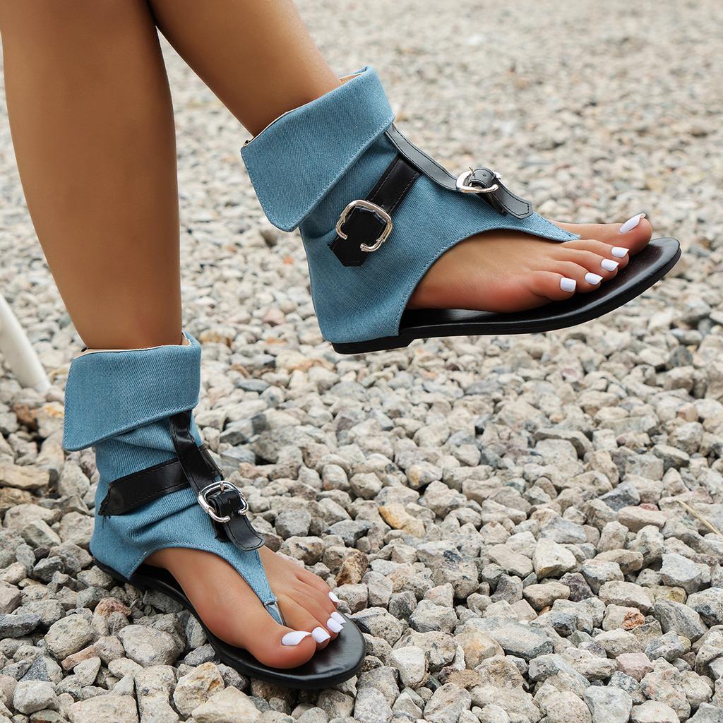 Clip Toe Roman Sandals Denim Belt Buckle Herringbone Flat Boots Women Casual Sandals Rear Zipper Ladies High Top Shoes Summer