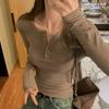 Half-open Neck Button Front Shoulder T-shirt Women's Bottoming Shirt Spring Slim-fit Spice Girl Style Versatile Long-sleeved Inner Top