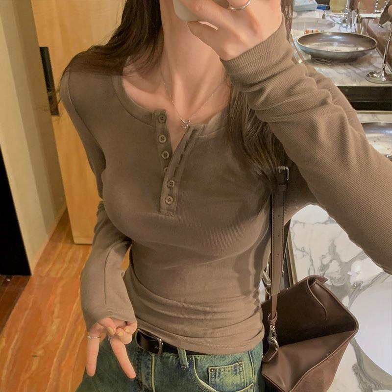Half-open Neck Button Front Shoulder T-shirt Women's Bottoming Shirt Spring Slim-fit Spice Girl Style Versatile Long-sleeved Inner Top