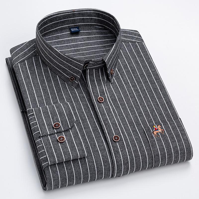 New Cotton Oxford Long Sleeve Business Men Striped Shirts Regular Fit Logo Male Casual Plaid Shirts with Front Pocket