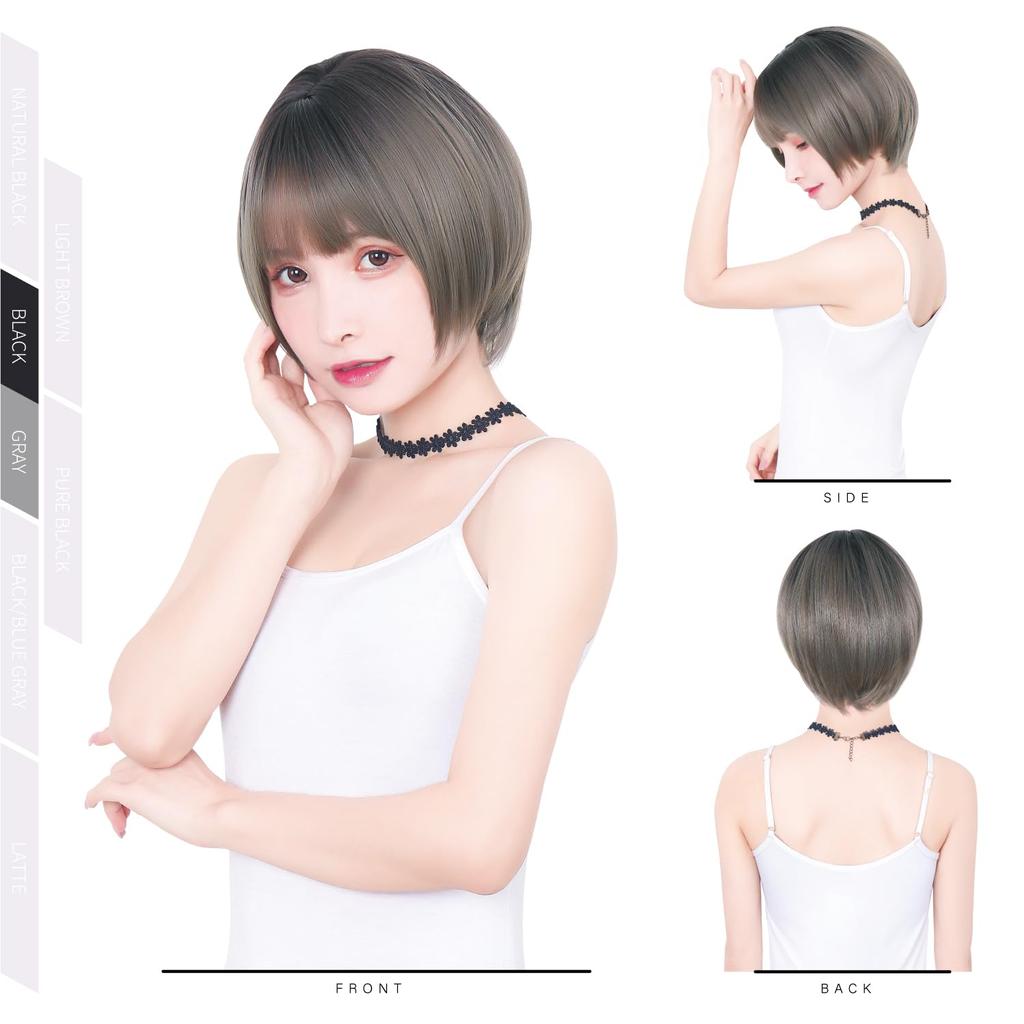 Wig Short Bob Heat Resistant Full Wig Black Hair Brown Gray Blue Natural Round Silhouette Wig Net Included Round Short Black Gray [TefuRe] D-3110-BkGy