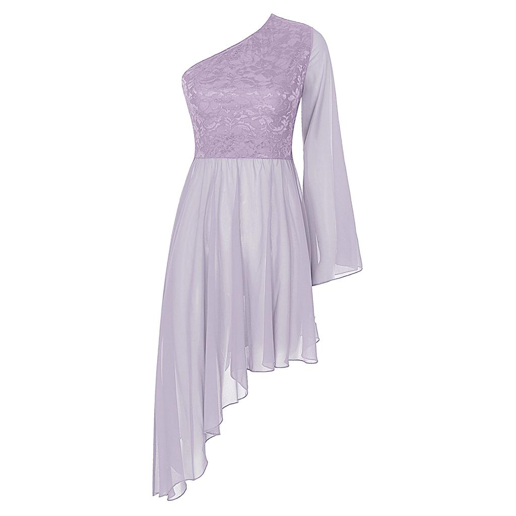 Женская туника для выступлений Worship с цветочным кружевным пэчворком, на одно плечо, с расклешенным рукавом, асимметричным подолом, танцевальное платье