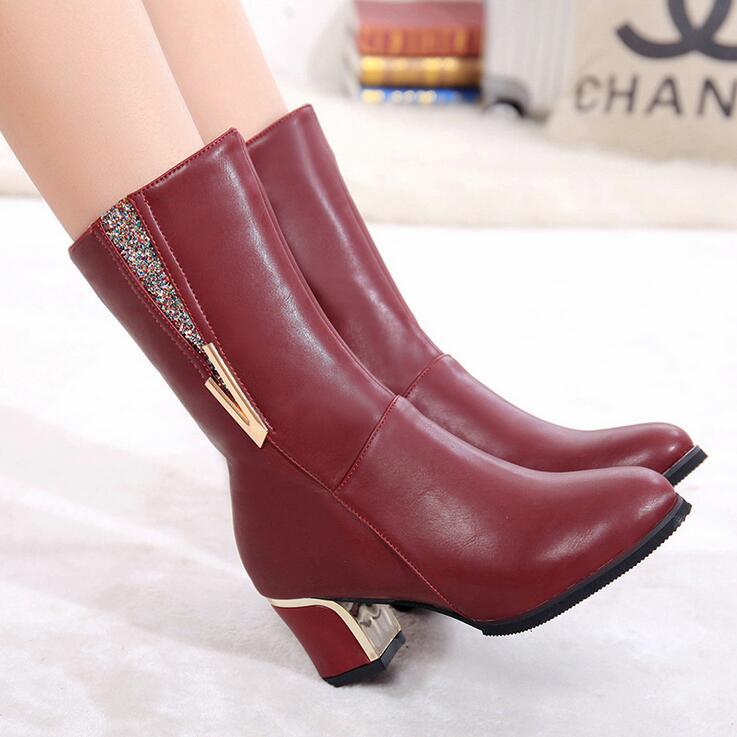 Warm Women Boots PU Leathe High Heels Autumn Shoes Woman Mid-Calf Boots Female Fashion Boots Zipper Casual Boots Mujer