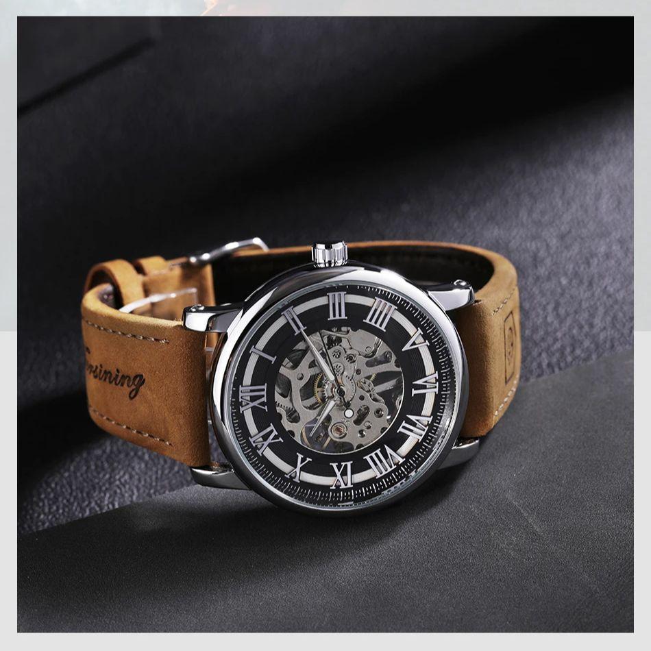 Forsining Classic Skeleton Hand Winding Watches Luminous Hands Mechanical Watch for Men Brown Leather Strap Business Wristwatch