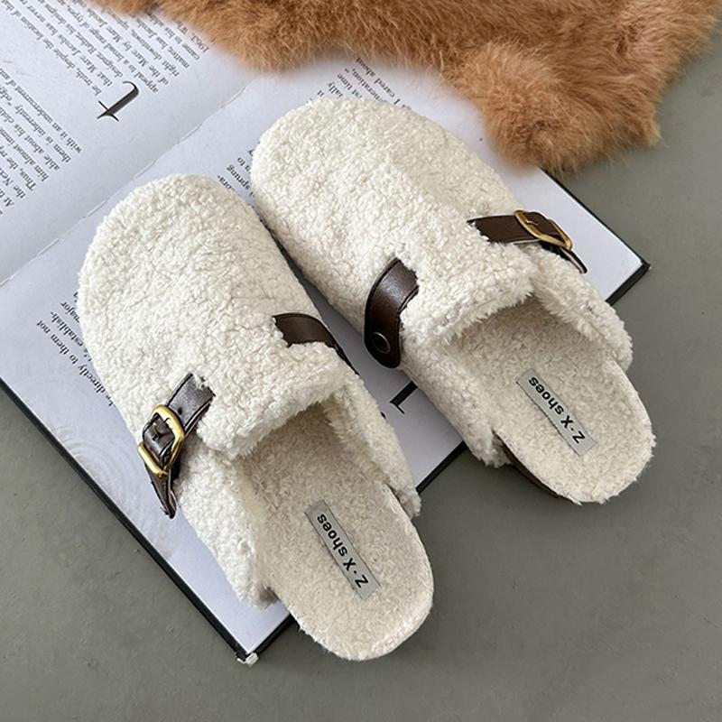 2024 овечья шерсть мюли женские тапочки с пряжкой на поясе зимние сабо обувь женская на платформе с покрытием носок плюшевые меховые шлепанцы уличные пушистые туфли
