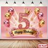 2D Pink & Gold 5th Birthday Backdrop with Crown & Flowers for Toddler Party