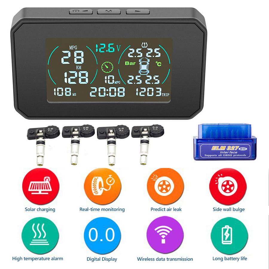 Wireless Car TPMS OBD2 HUD Solar USB Tire Pressure Monitoring 4 Internal Sensors speed/MPG