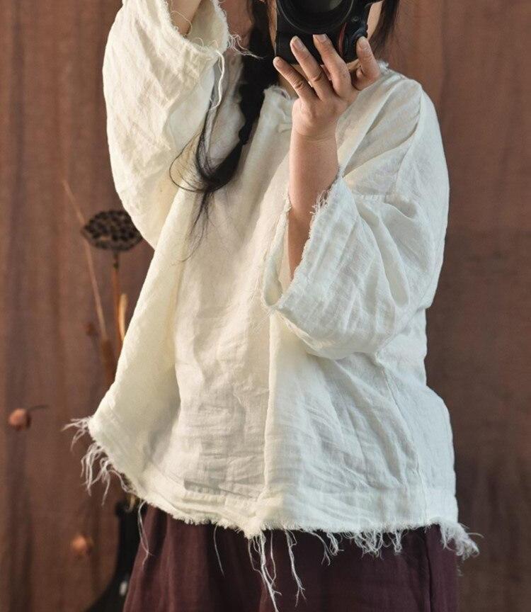 Johnature Женские винтажные льняные рубашки, однотонные топы с длинными рукавами, осенние женские рубашки на пуговицах высокого качества, блузки